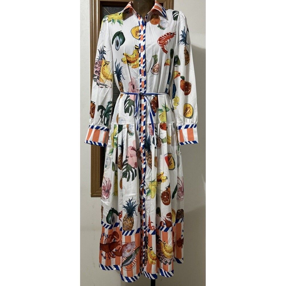 White Tropical Print Maxi Shirt Dress with Belt